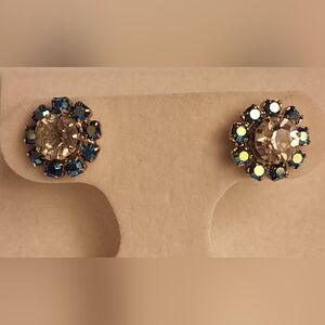 Prong Set Glass Crystal Vintage Pierced Earrings AB Iridescent Blue Gem Studs